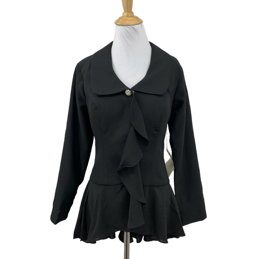 LT LanTing Bride Blazer Womens 6 Black Cascading‎ Ruffle Front Peplum Hem Padded